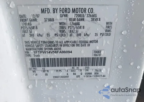 2008 Ford F-150 60Th Anniversary/Fx4/King Ranch/Lariat/Xlt from USA, damaged, VIN 1FTPW14V58FA96094